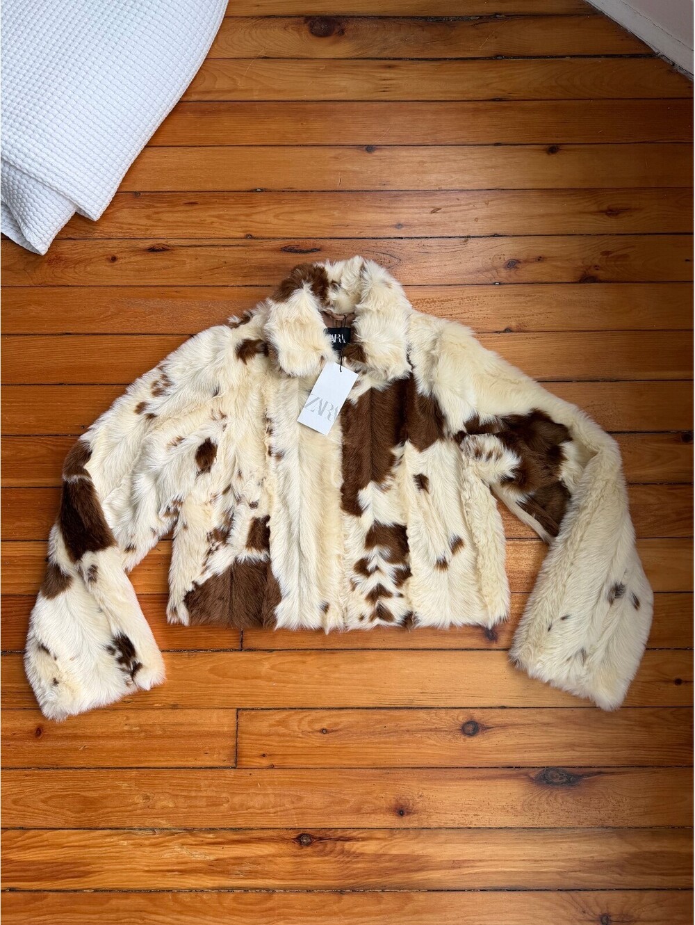 Zara faux fur jacket cow print zip up - viral XS new with tags